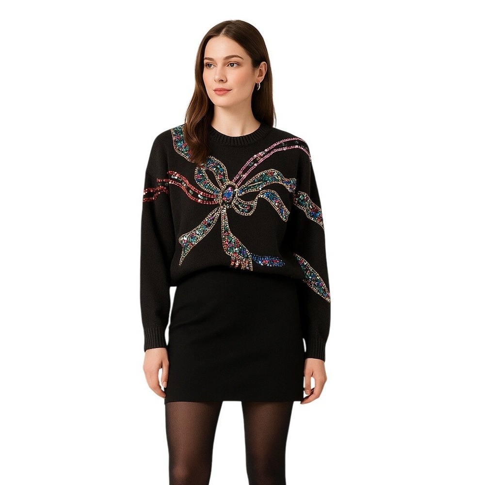CHRISTINE GERARD 80s Glam Sequin Bow Jewel Sweater Holiday Party in Black‎ M